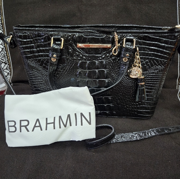 NEW!Brahmin Mini Asher Satchel Black Melbourne Croc leather with long strap - Picture 7 of 11
